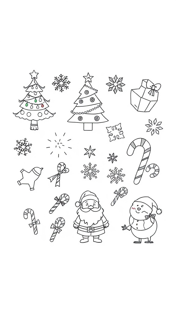 A variety of black and white Christmas doodles including a tree, snowflakes, and Santa Claus.